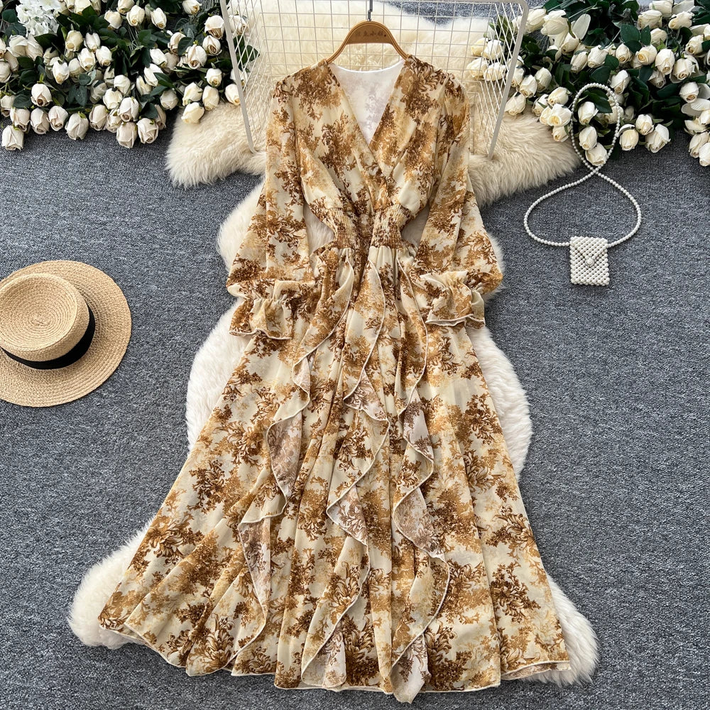 Print Chiffon V-Neck Fitted Maxi Dress