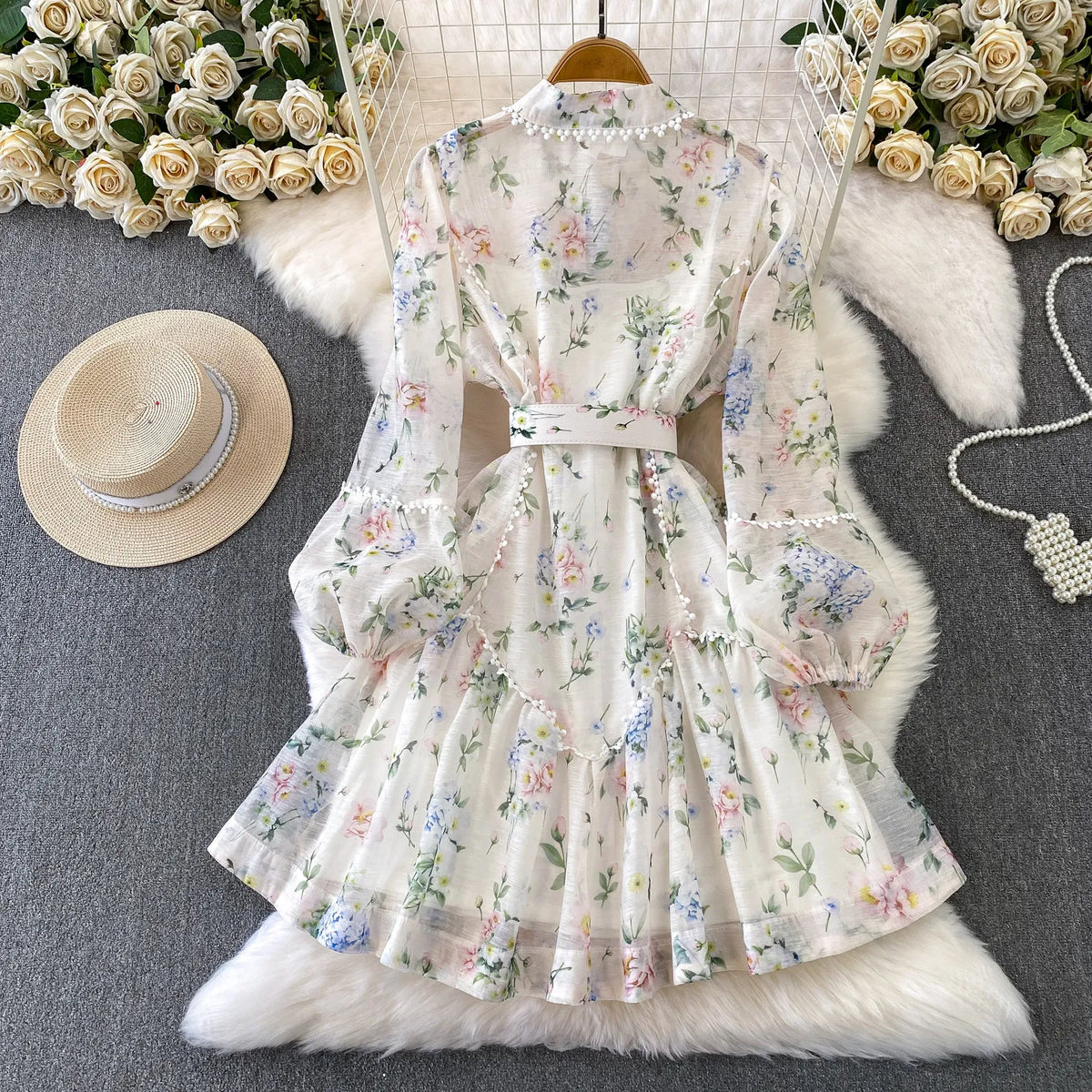 Print Button Long Sleeve Mini Dress
