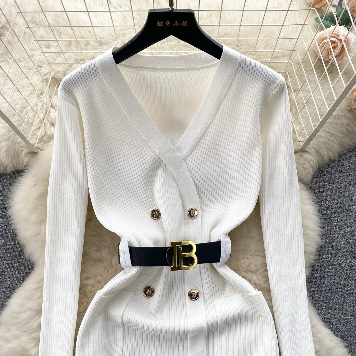 Belted Double-Breasted Knit Sweater Dress