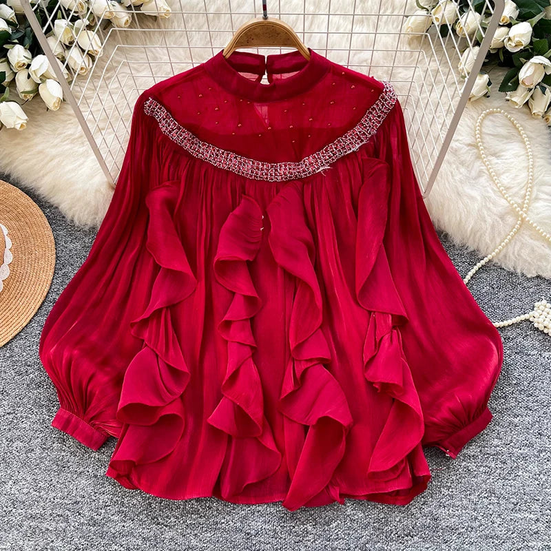 Lace Panel Ruffle Pullover Blouse