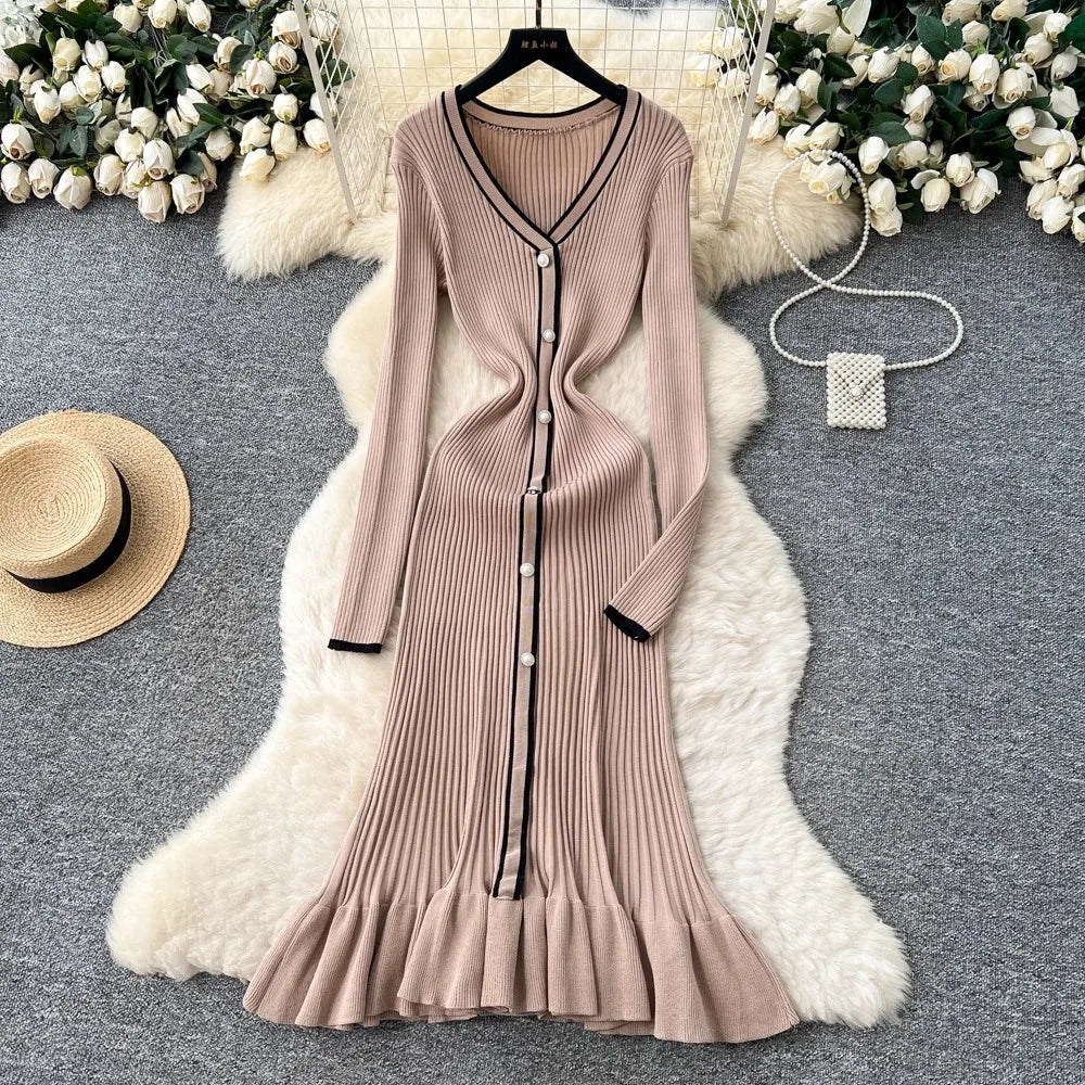 Ruffled Button Front Knit Maxi Dress