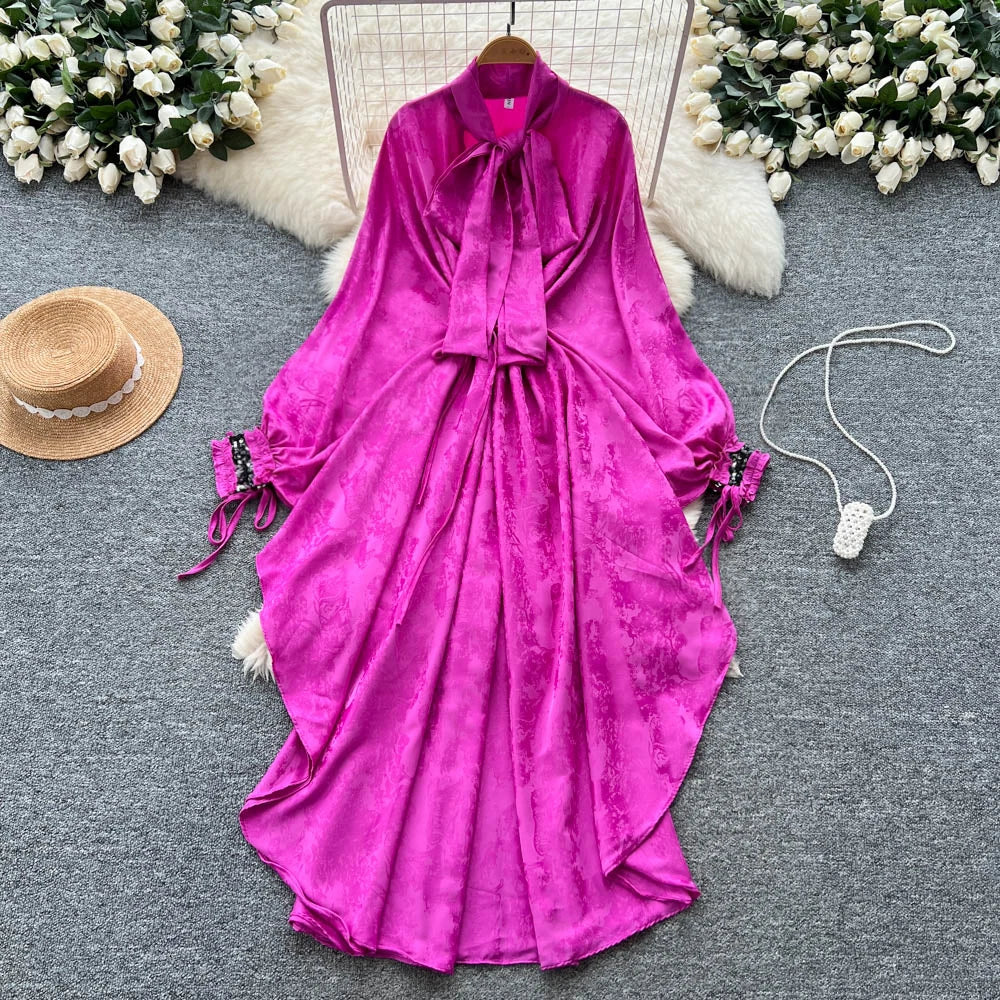 Satin Asymmetrical Long Sleeve Maxi Dress