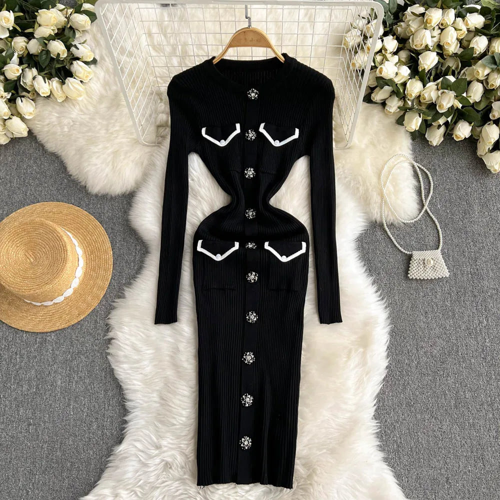 Khaki Long Sleeve Knit Bodycon Sweater Dress