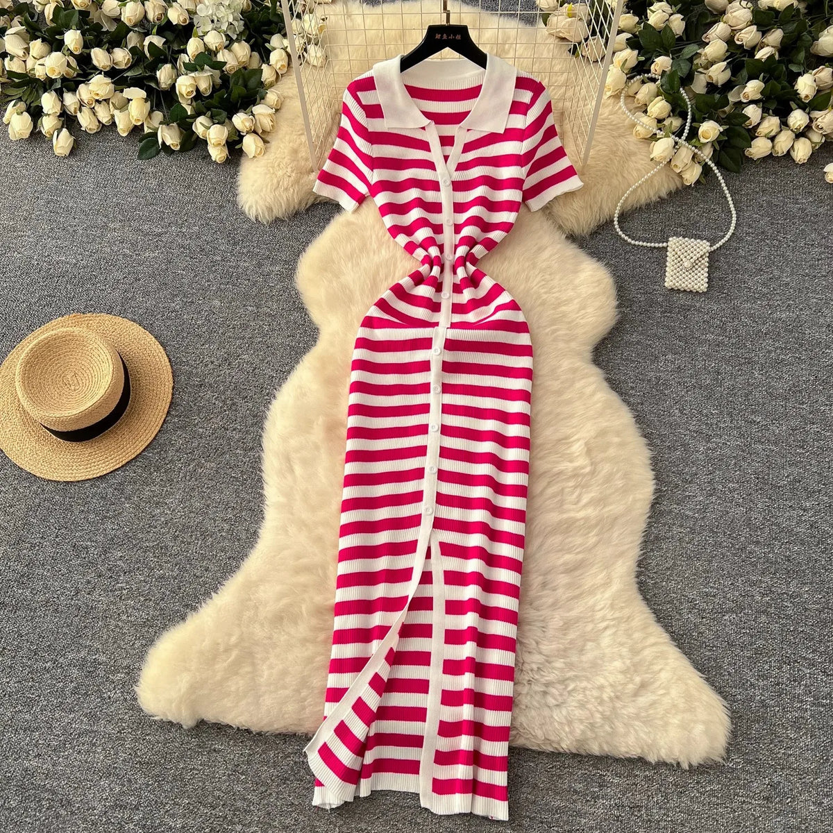 Striped Knit Button Front Maxi Dress