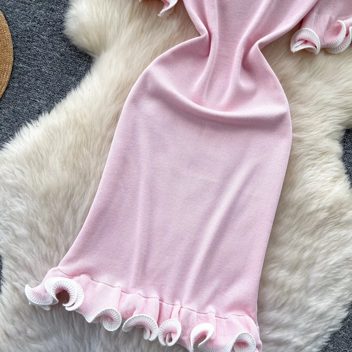 Ruffle Trim Knit Bodycon Pencil Dress