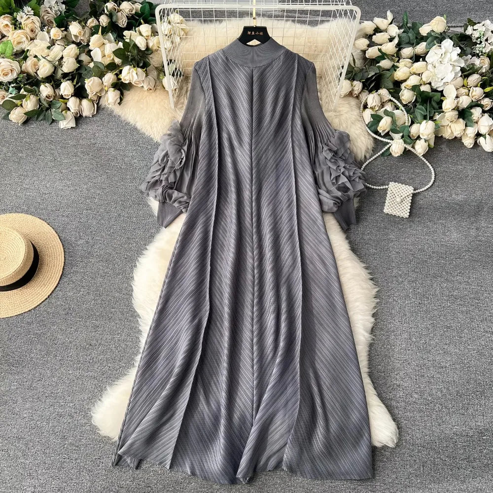 Pleated 3D Flower Loose Long Dress