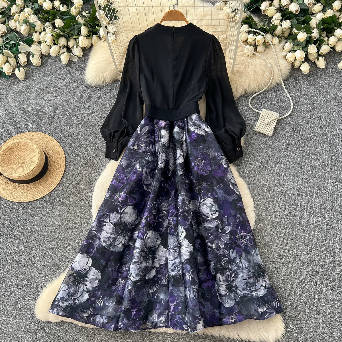 French Print Belted A-Line Swing Dress