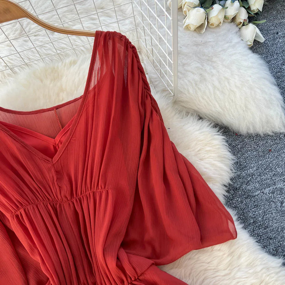 Ruched Chiffon V-Neck Boho Maxi Dress