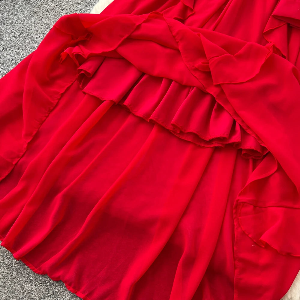 Ruched Chiffon V-Neck Long Sleeve Dress