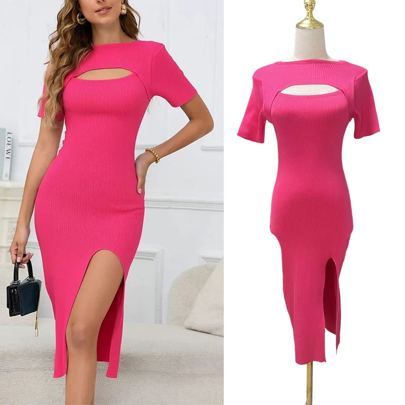 Cutout Chest Split Knit Mini Dress