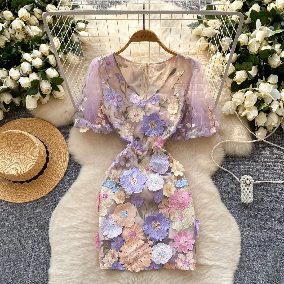 Embroidered Mesh Puff Sleeve A-Line Dress
