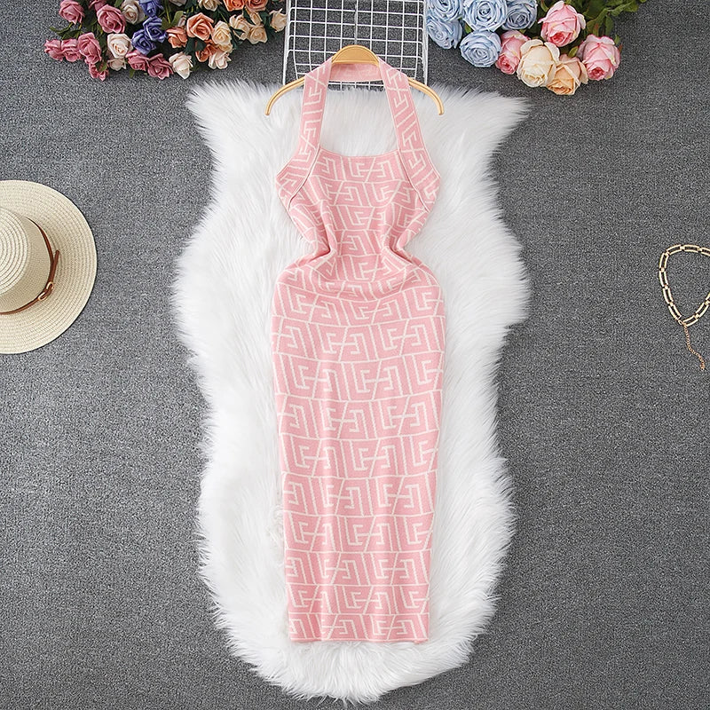 Geometric Knit Halter Bodycon Mini Dress