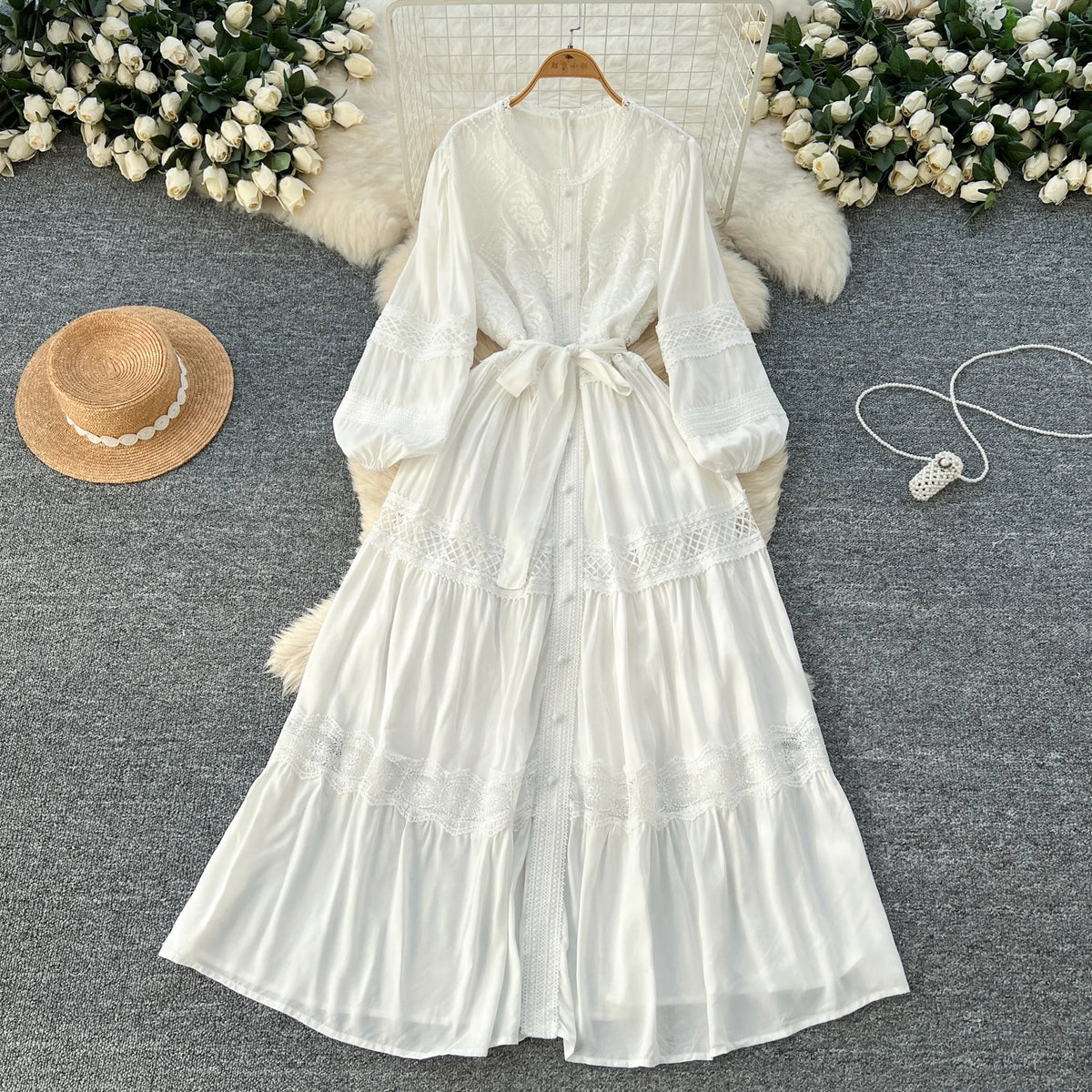 Single Breasted Lace Long Dress