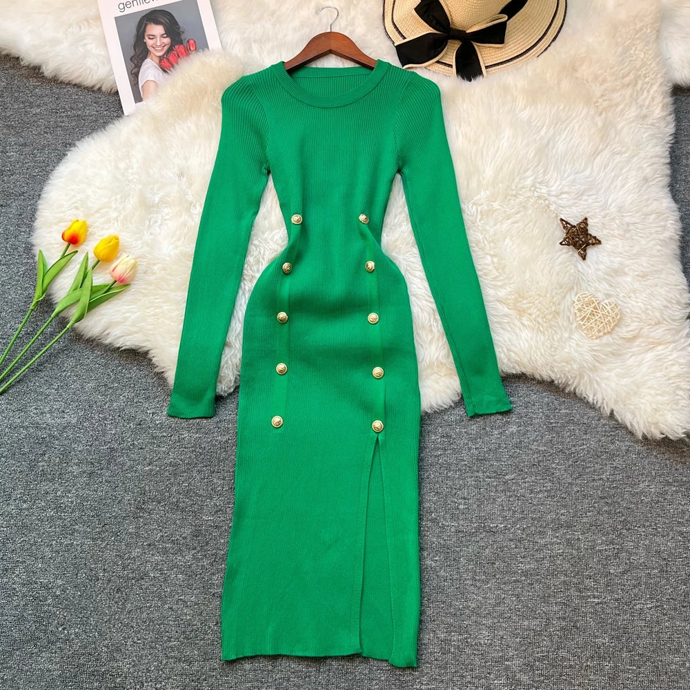 Double-Breasted Split Knit Wrap Dress