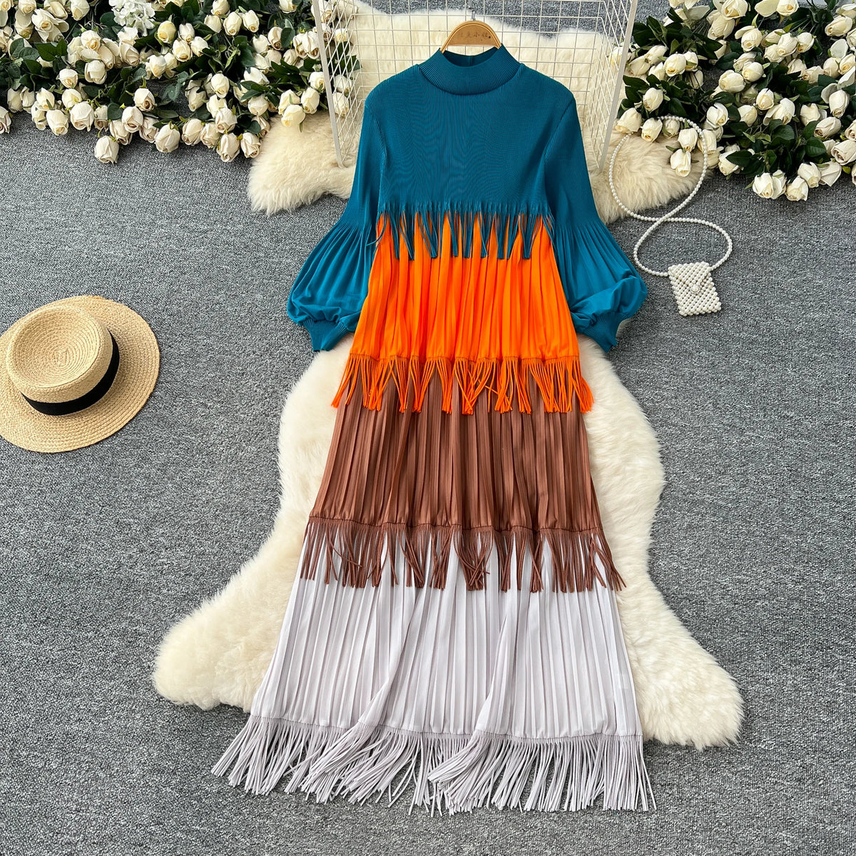 Tassel Patchwork Lantern Sleeve Dress