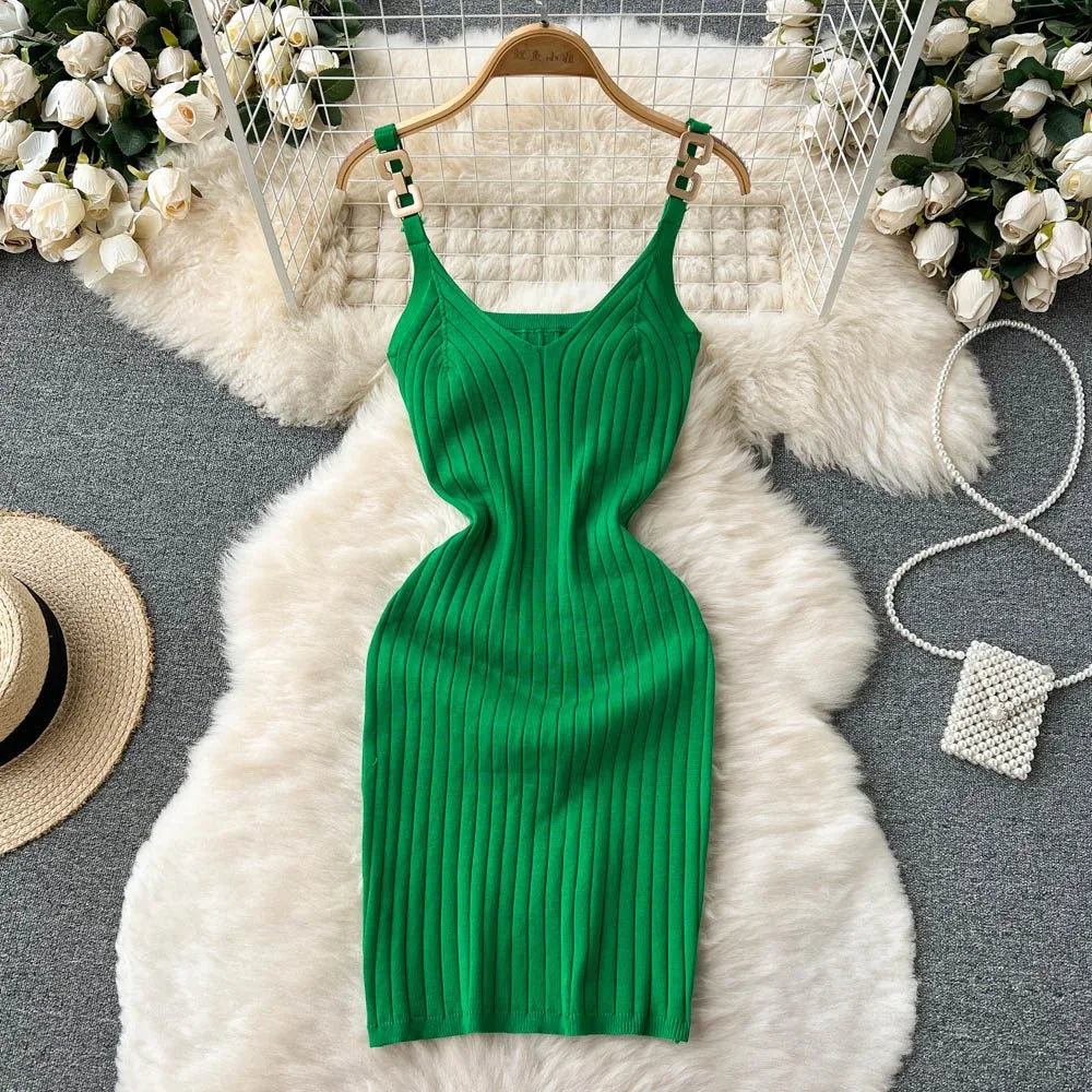 Ribbed V-Neck Spaghetti Strap Mini Dress