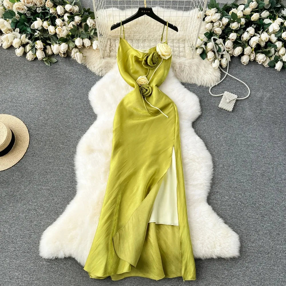 3D Flower Split Backless Slip Dress