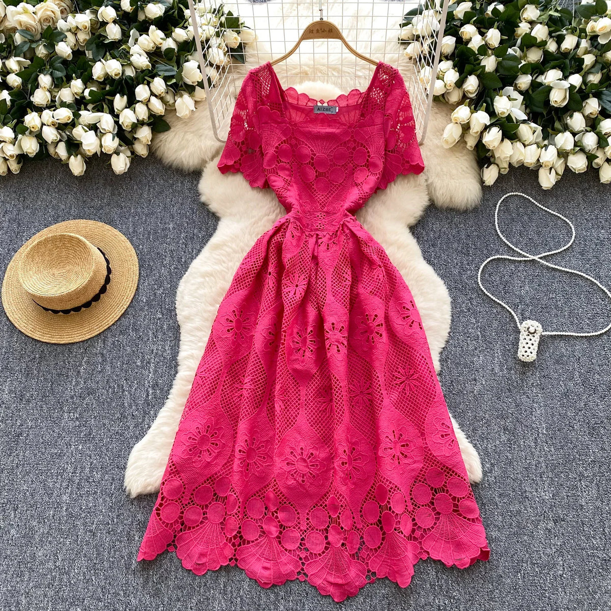Crochet Lace Slash Neck Boho Sundress