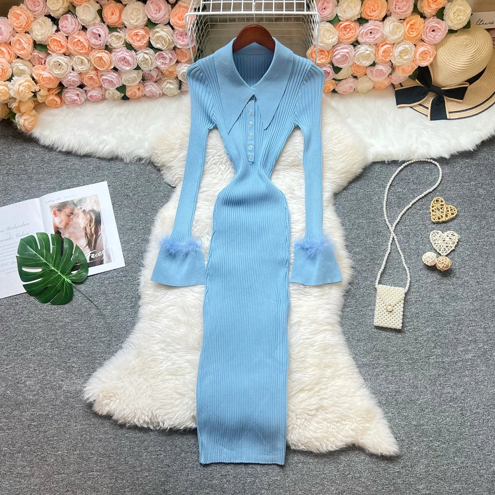 Fur Trim Knit Bodycon Maxi Dress