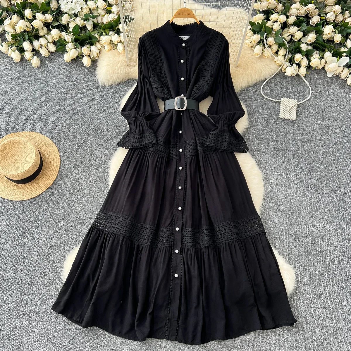 Lace Stand Collar Button Long Sleeve Dress