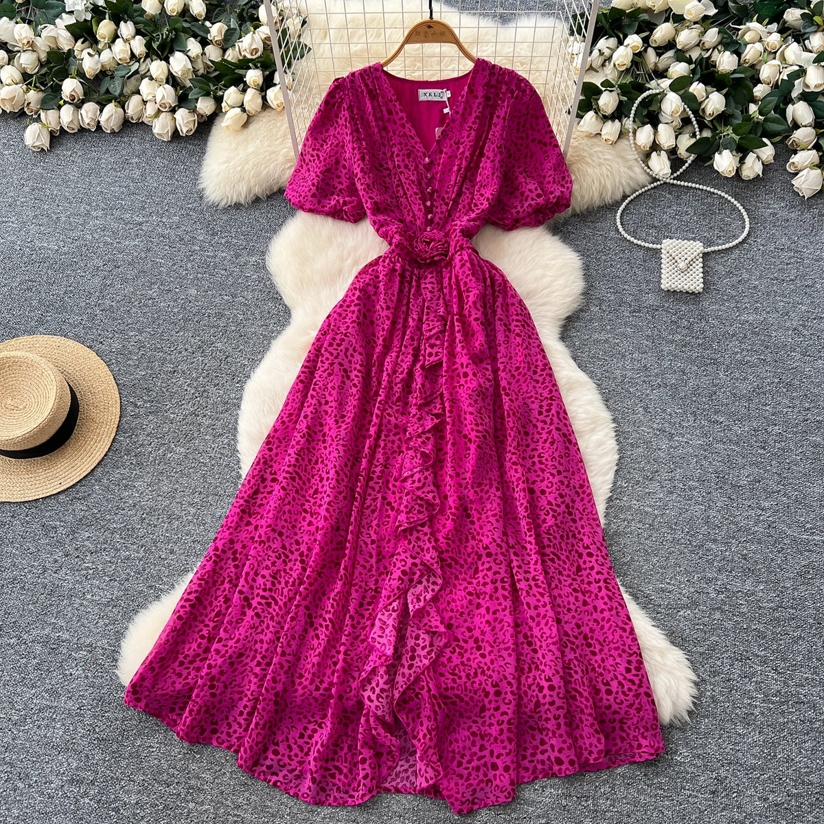 Sculpted Ruffle Slim Boho Long Dress