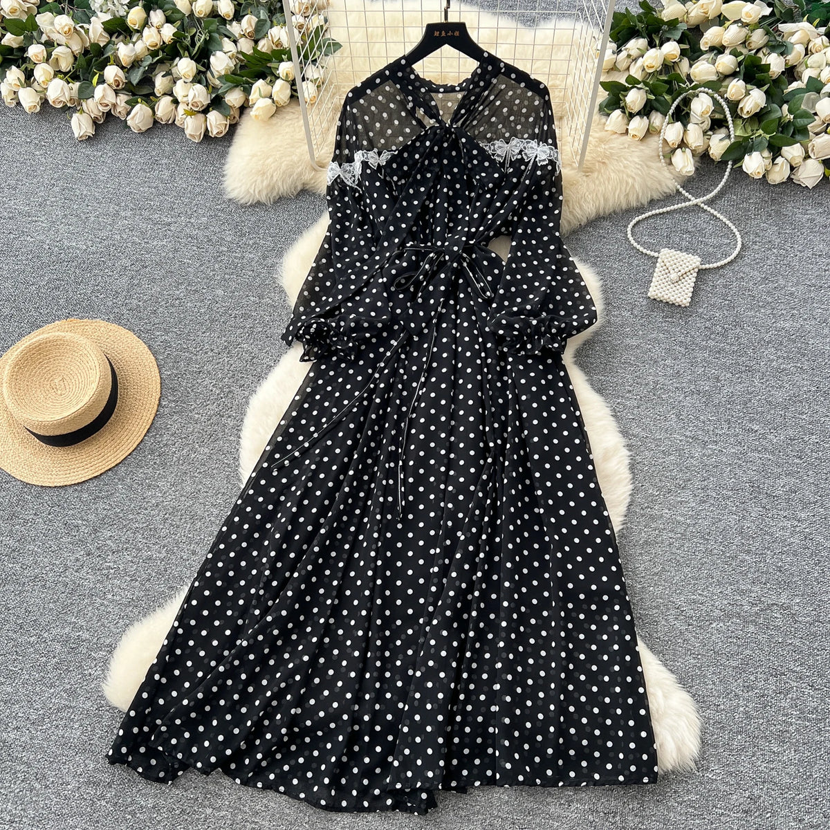 Butterfly Lace Lantern Sleeve Dress