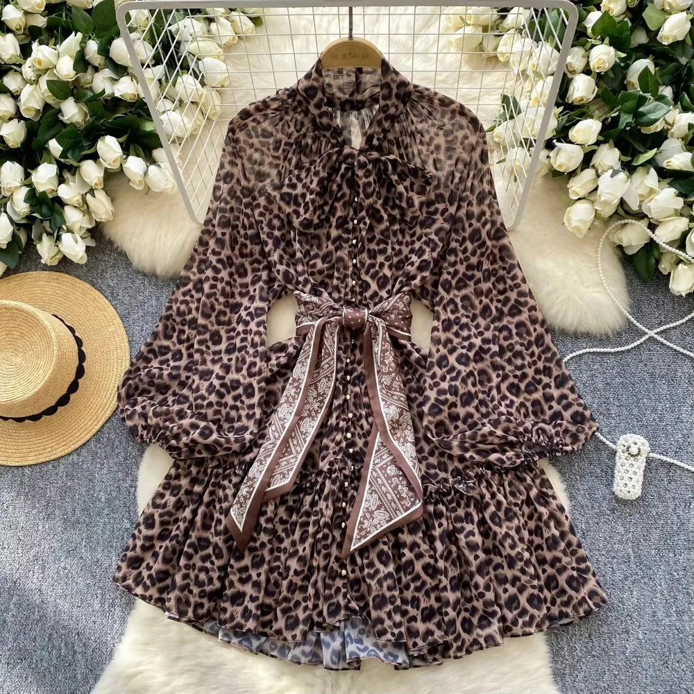 Leopard Mesh Lantern Sleeve Mini Dress