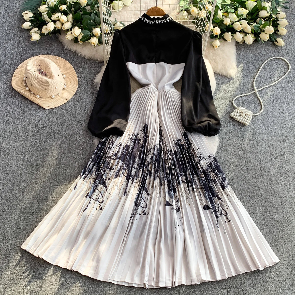 Ruched Print Long Sleeve A-Line Dress