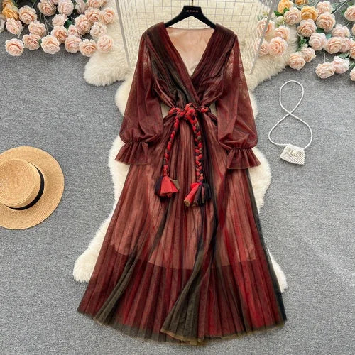 Pleated Mesh Chiffon V-Neck A-Line Dress