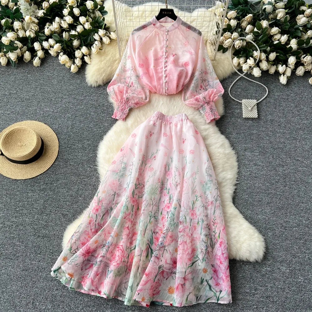Lantern Sleeve Print Top and Mesh Skirt Set