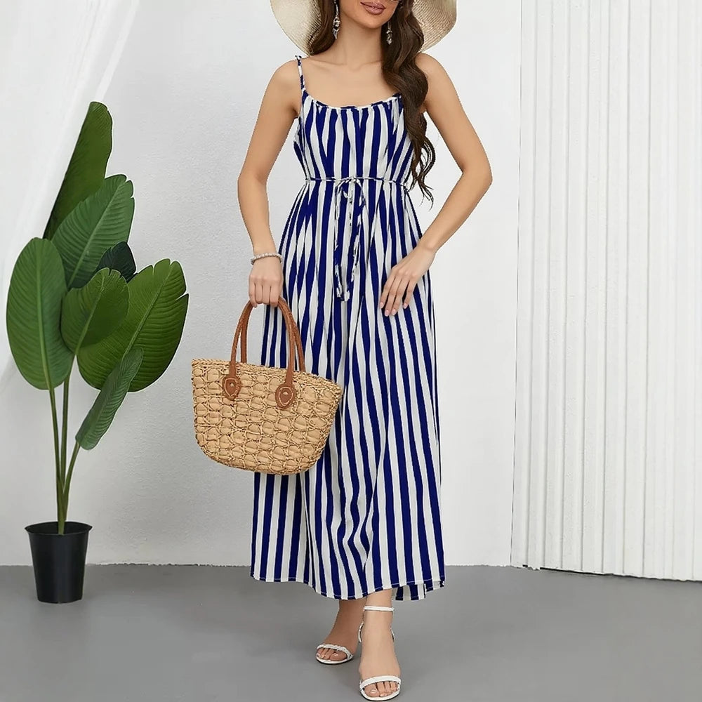 Striped Spaghetti Strap A-Line Maxi Dress