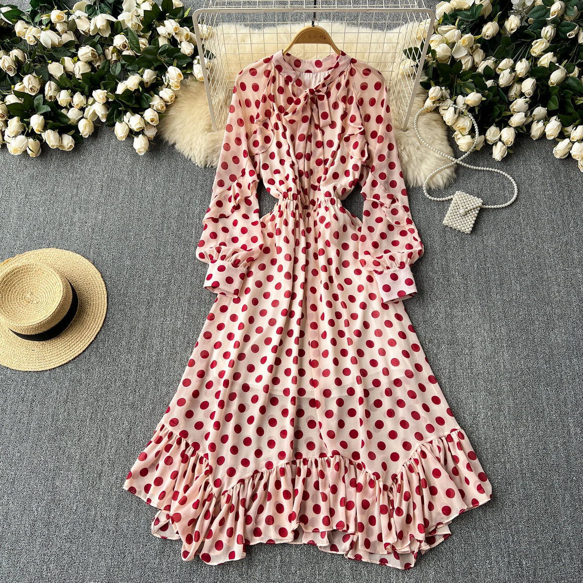 Polka Dot Chiffon Puff Sleeve A-Line Dress
