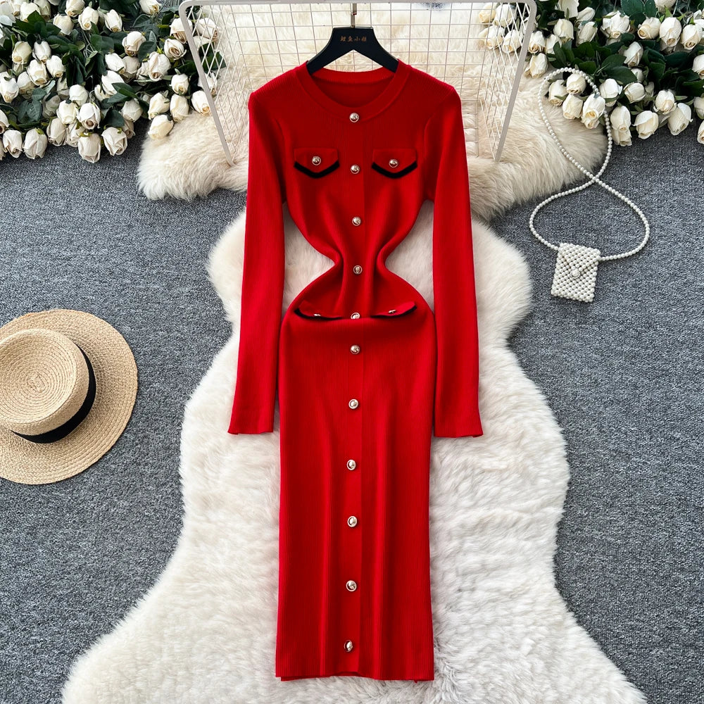 Button Front Long Sleeve Party Dress