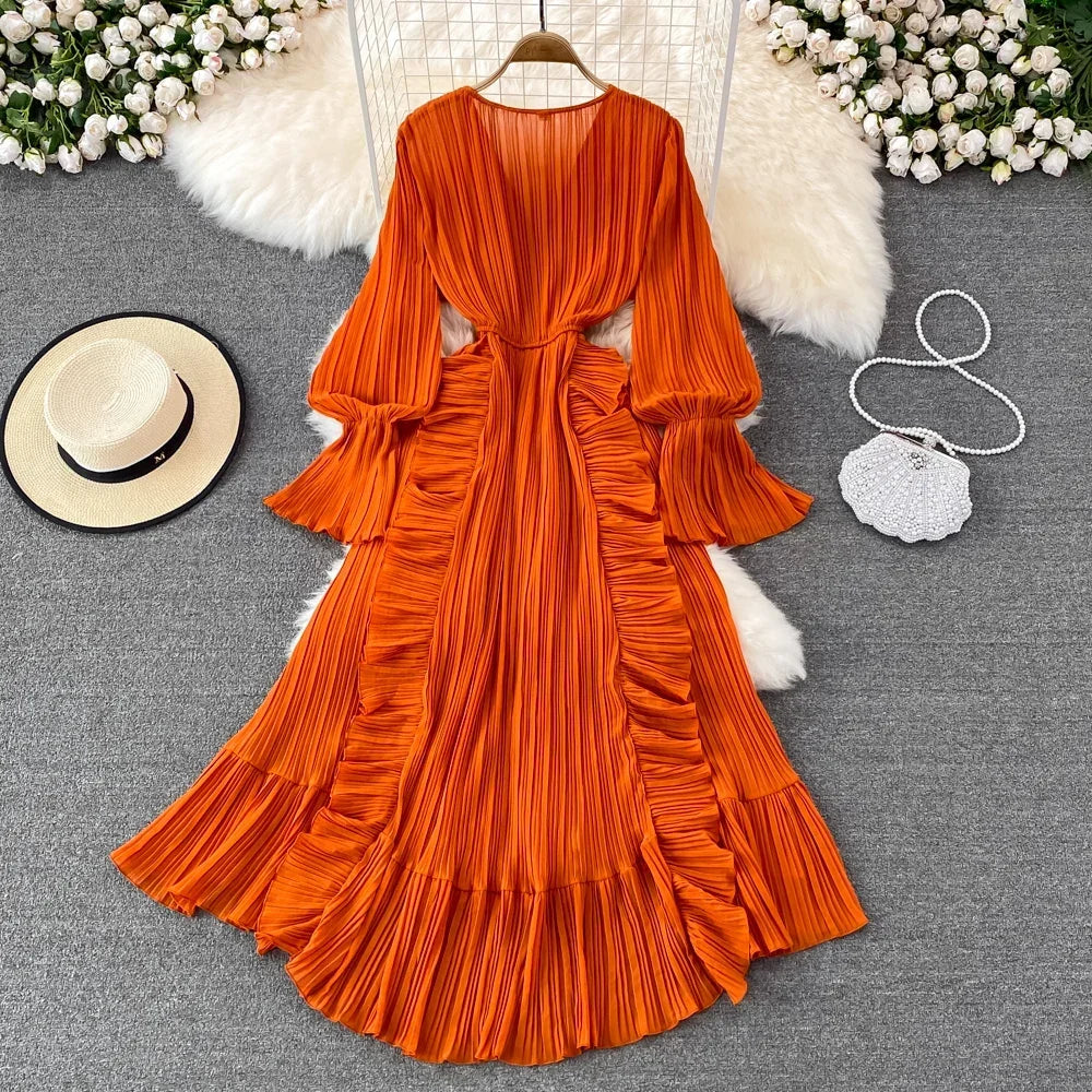 Ruffle V-Neck Long Sleeve A-Line Maxi Dress