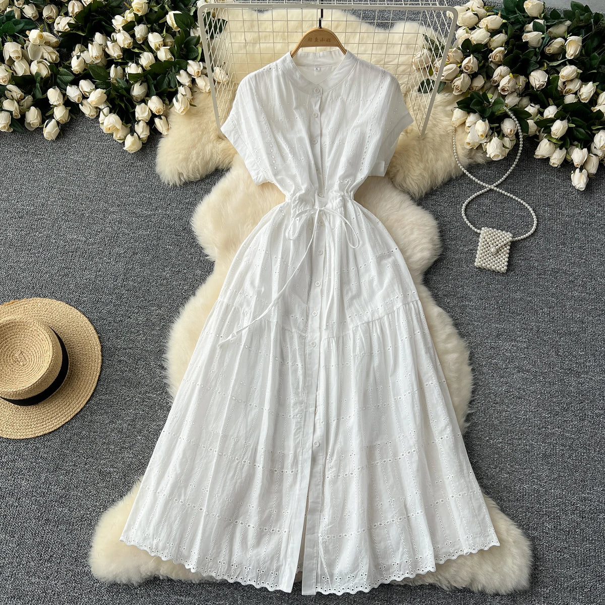 Shirred Cutout Short Sleeve Dress