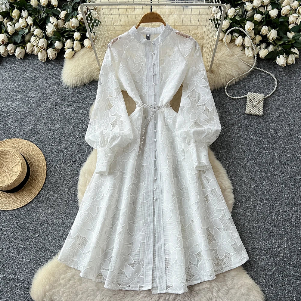 Hollow Out Button Crew Neck Long Sleeve Dress