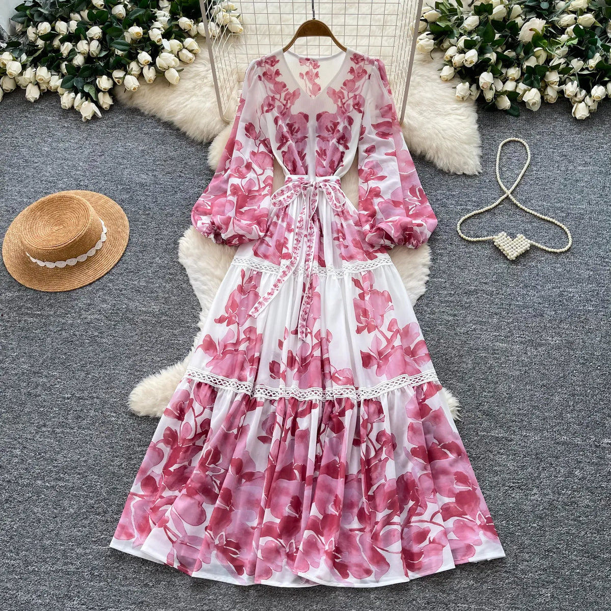 Print Puff Sleeve Lace-Up A-Line Dress