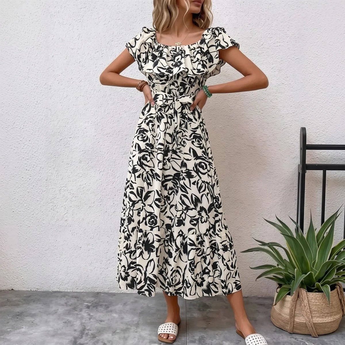 Off-Shoulder Floral Ruffled Maxi Dress