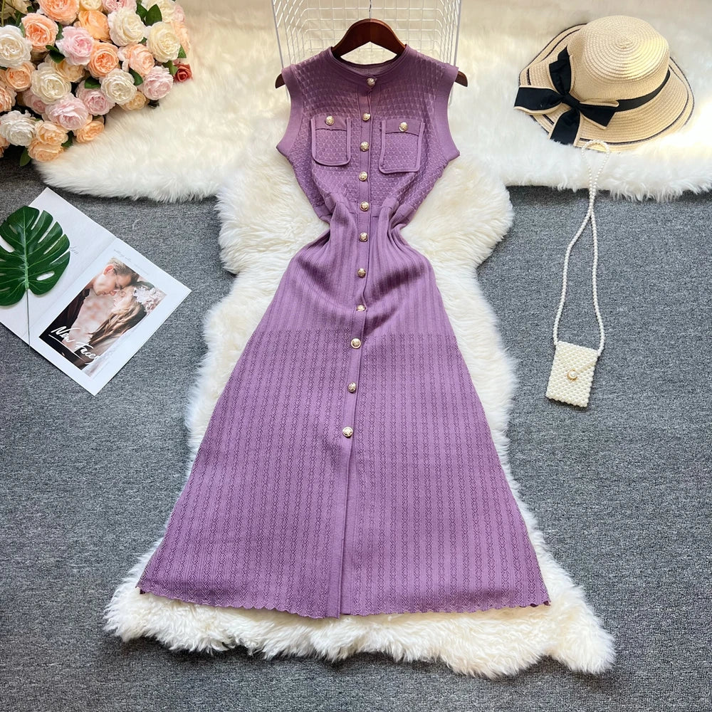 Patchwork Knit A-Line Maxi Shirt Dress
