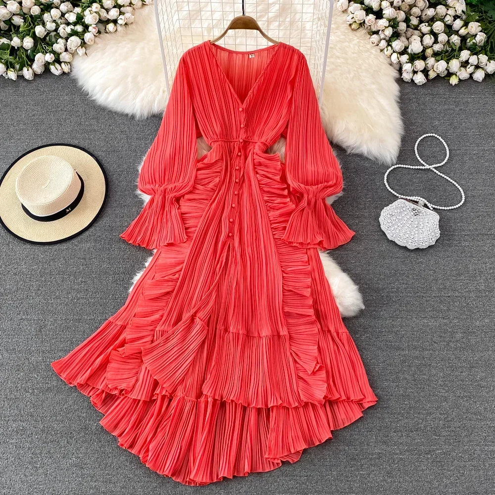 Ruffle V-Neck Long Sleeve A-Line Maxi Dress