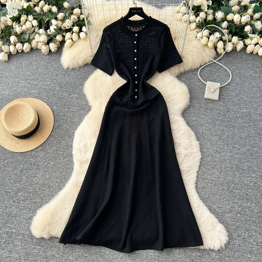 Button Knit Short Sleeve Long Dress