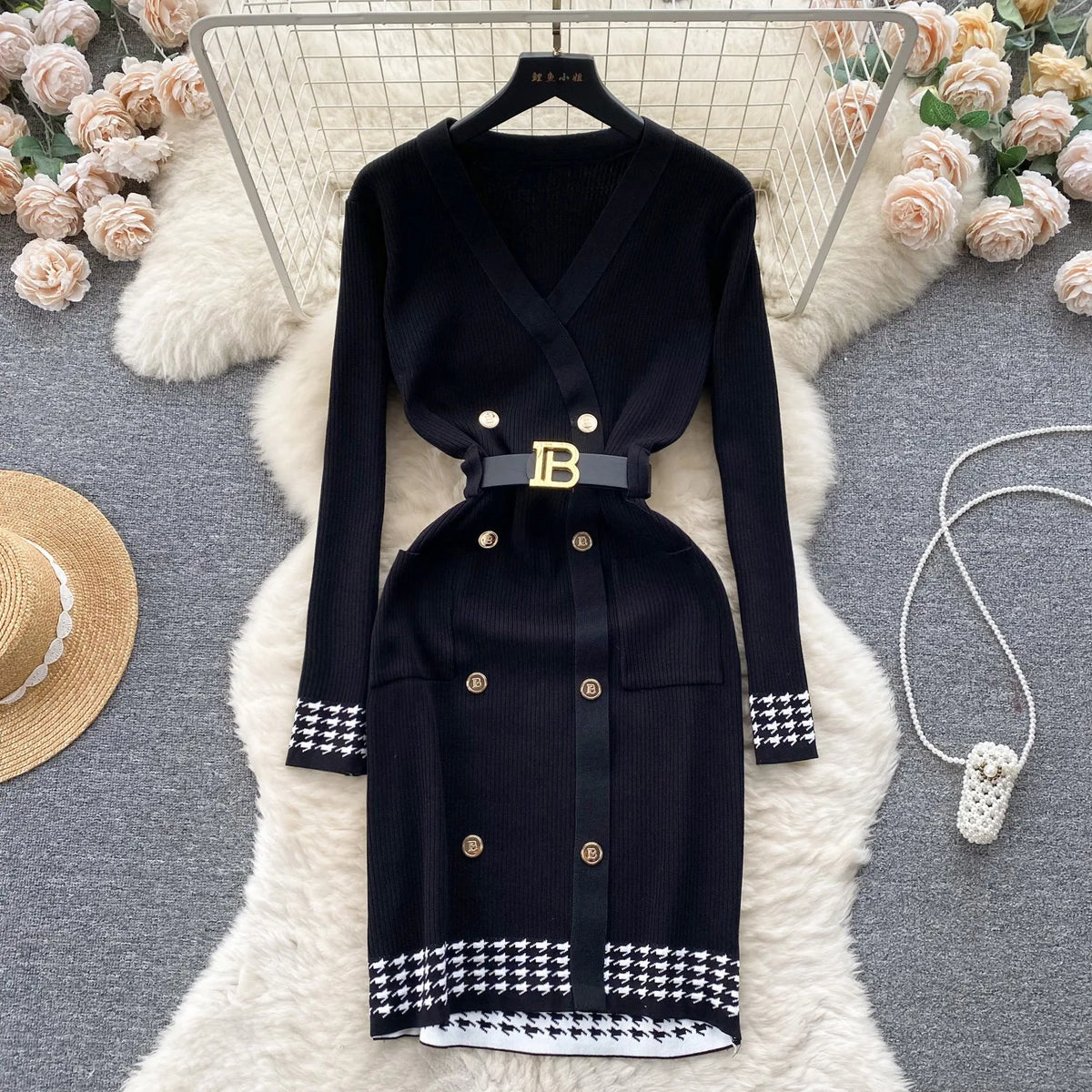 Belted Double-Breasted Knit Sweater Dress