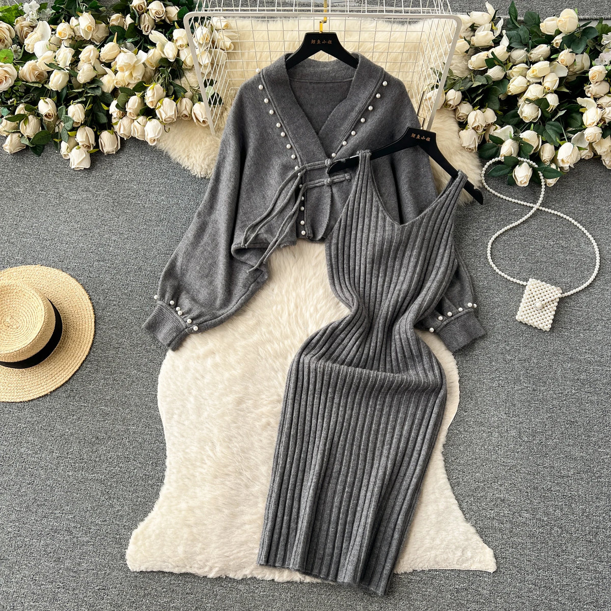 Long Sleeve Pencil Dress Two-Piece Set