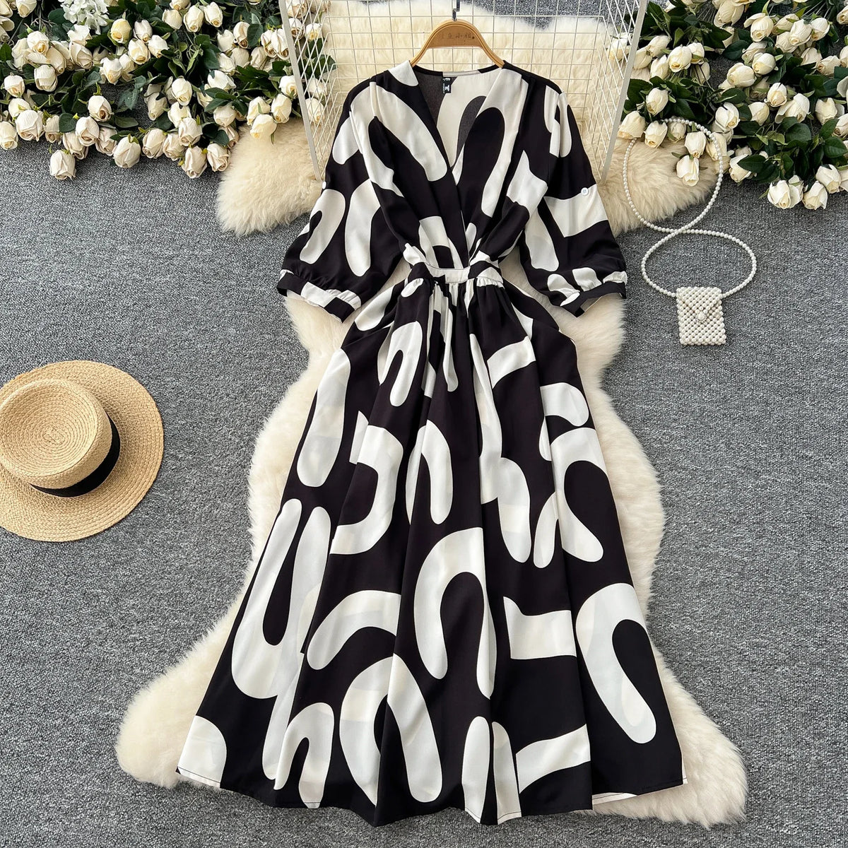 Print Pleated Lace-Up V-Neck Sundress