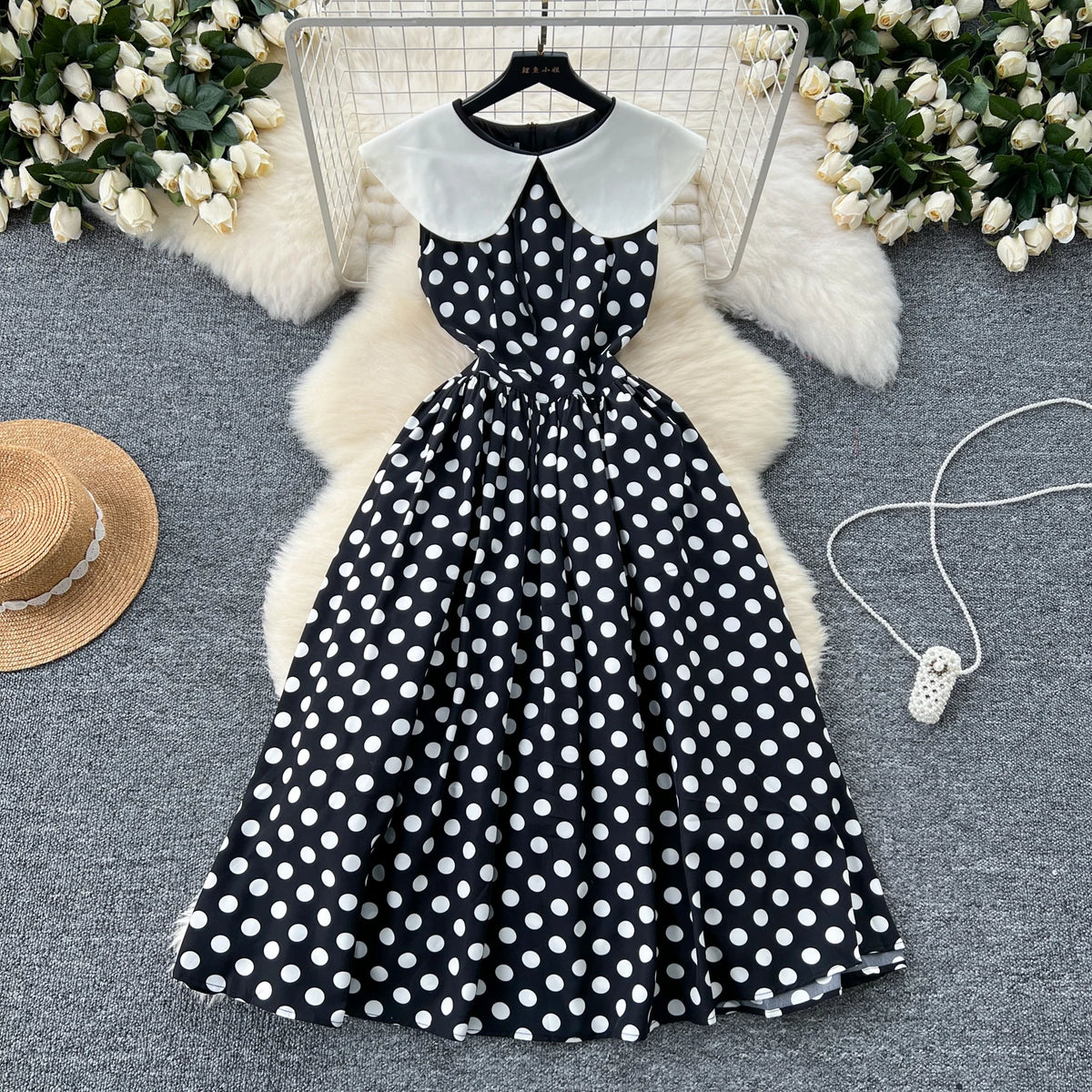 Patchwork Pleated Dot Sleeveless Dress