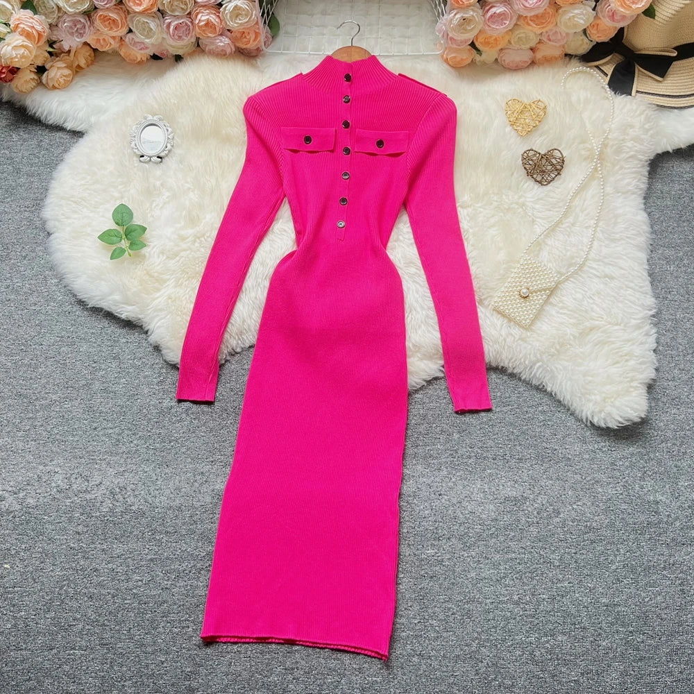 Turtleneck Button Knit Bodycon Sweater Dress