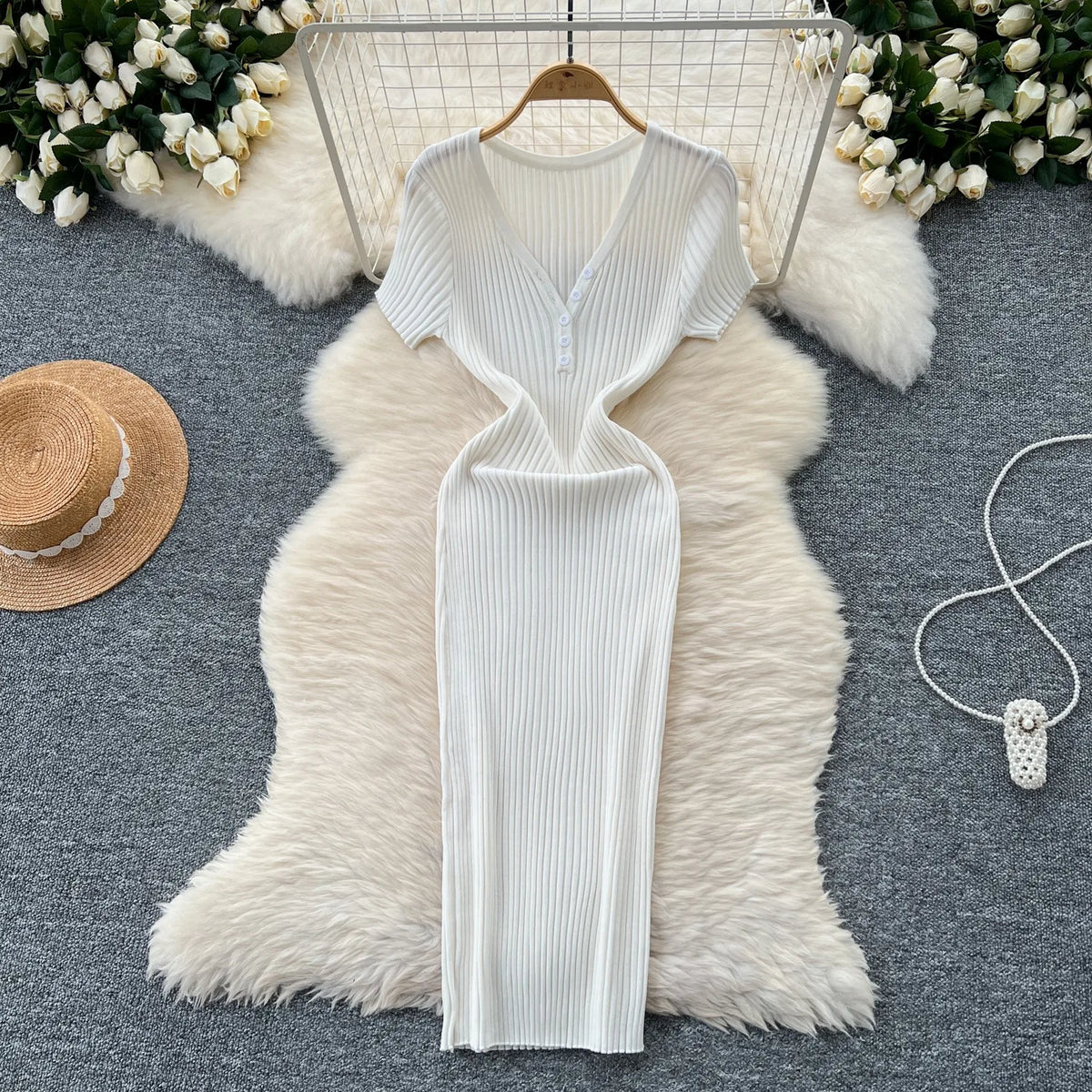 Shimmer V-Neck Knit Bodycon Dress