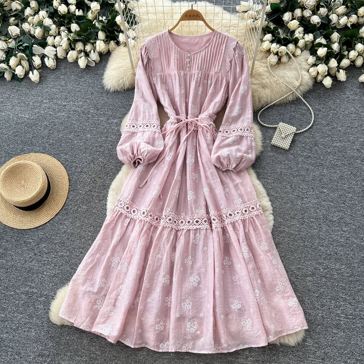 Jacquard Ruffle Puff Sleeve Swing Dress
