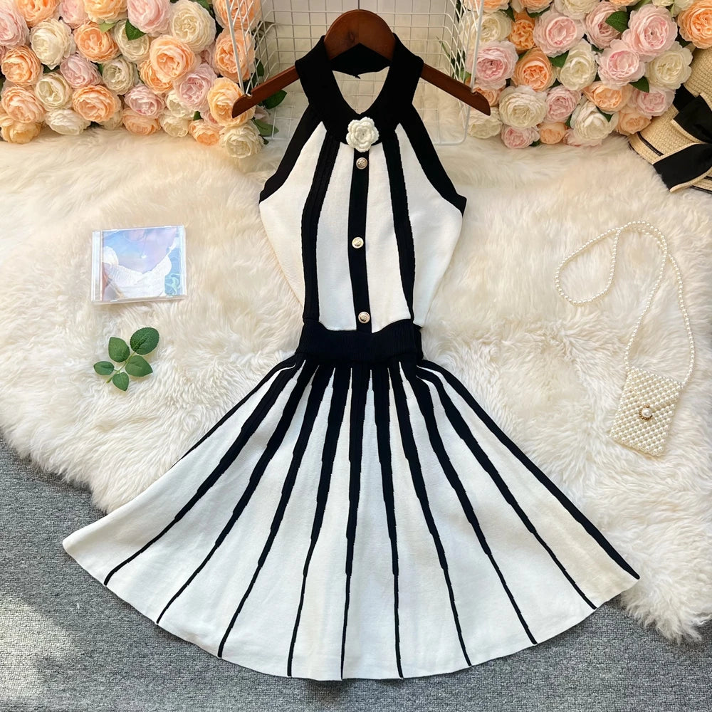 Flower Halter Knit A-Line Mini Dress