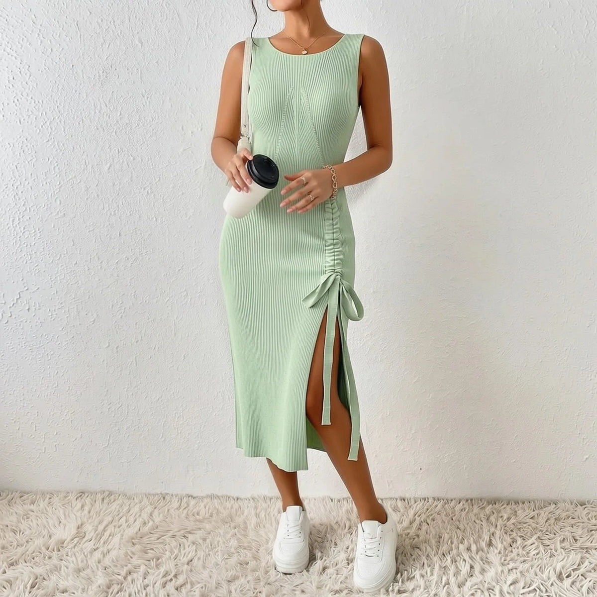 Sleeveless Knit Slit Bodycon Party Dress